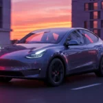 SUV Tesla gris de nouvelle génération roulant en ville au coucher du soleil