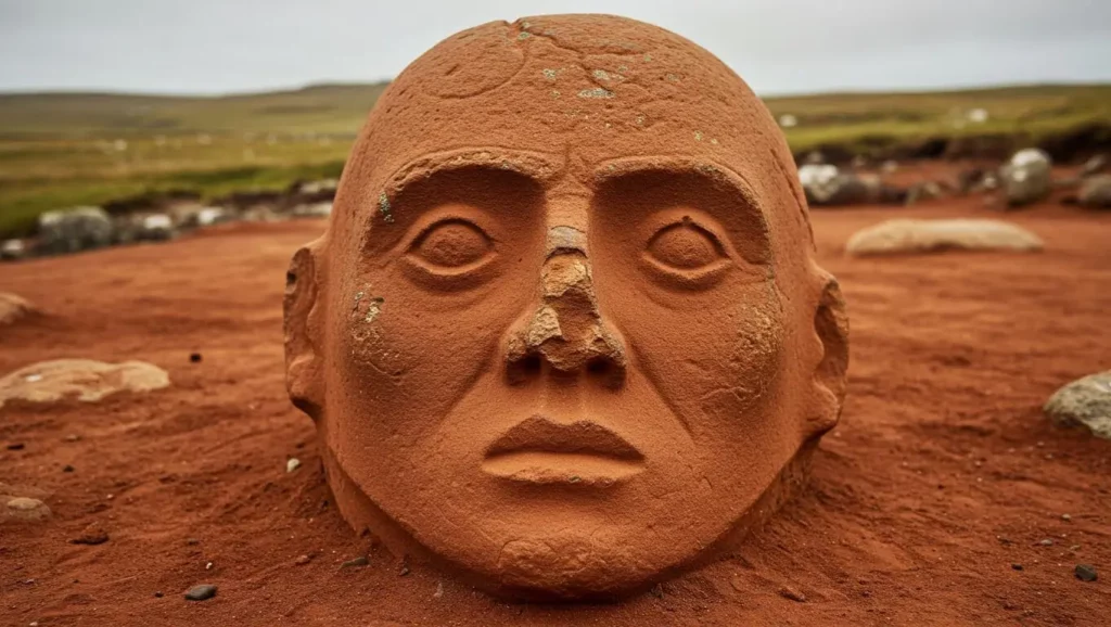Tête sculptée en pierre découverte sur un site archéologique ancien