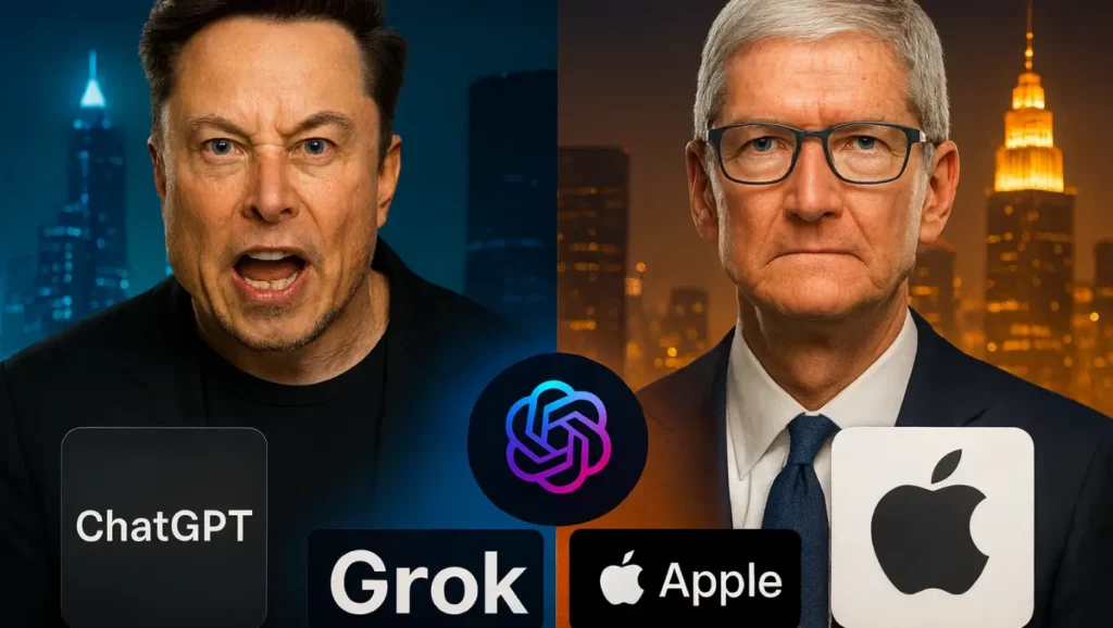 Elon Musk face à Tim Cook dans une guerre technologique autour de l’intelligence artificielle, opposant Grok, ChatGPT et Apple.