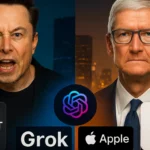 Elon Musk face à Tim Cook dans une guerre technologique autour de l’intelligence artificielle, opposant Grok, ChatGPT et Apple.