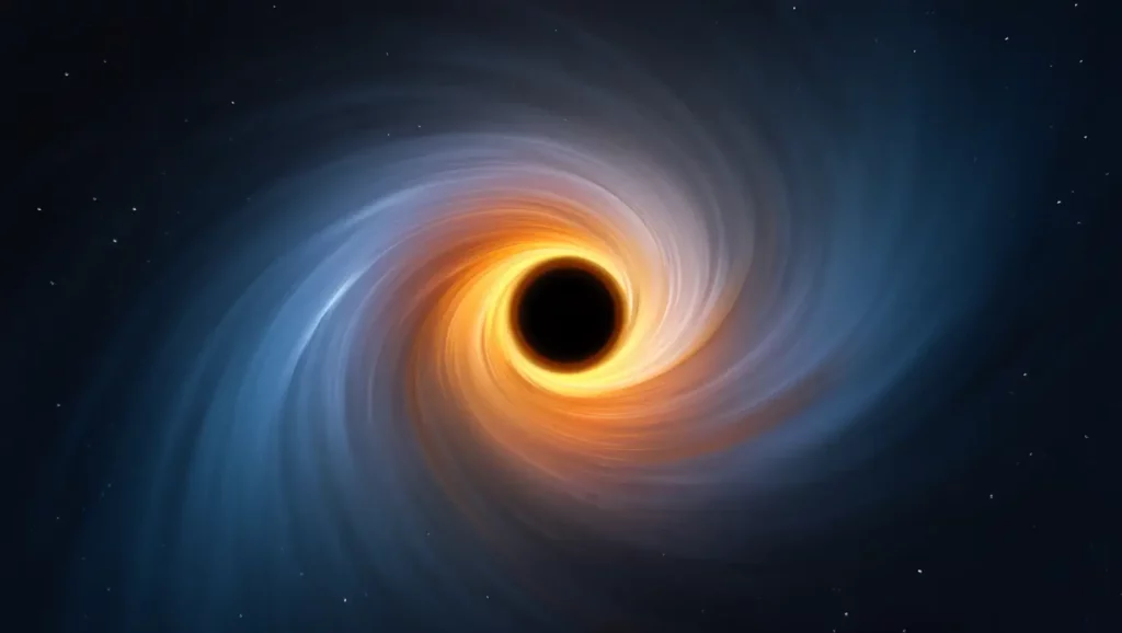 Illustration d’un trou noir brillant entouré d’un disque d’accrétion lumineux dans l’espace