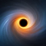 Illustration d’un trou noir brillant entouré d’un disque d’accrétion lumineux dans l’espace