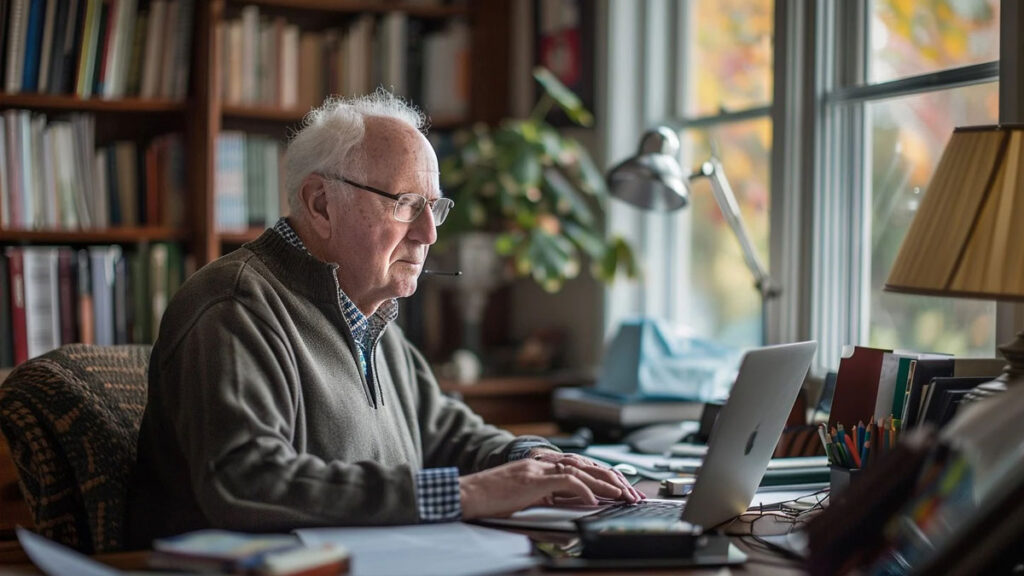 Un homme âgé qui travaille sur son ordinateur 