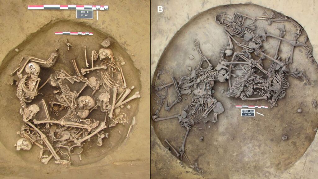 Vues aériennes de deux fosses de l'âge de pierre remplies de squelettes humains creusées en France