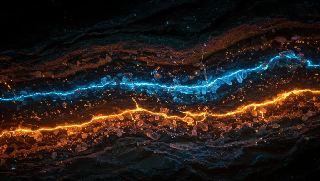 Veines lumineuses bleues et orangées dans la roche, symbolisant des sources d’énergie souterraines.
