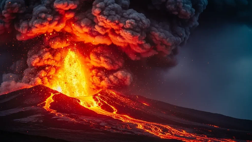 Volcan en éruption avec coulée de lave et panache de cendres