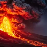 Volcan en éruption avec coulée de lave et panache de cendres