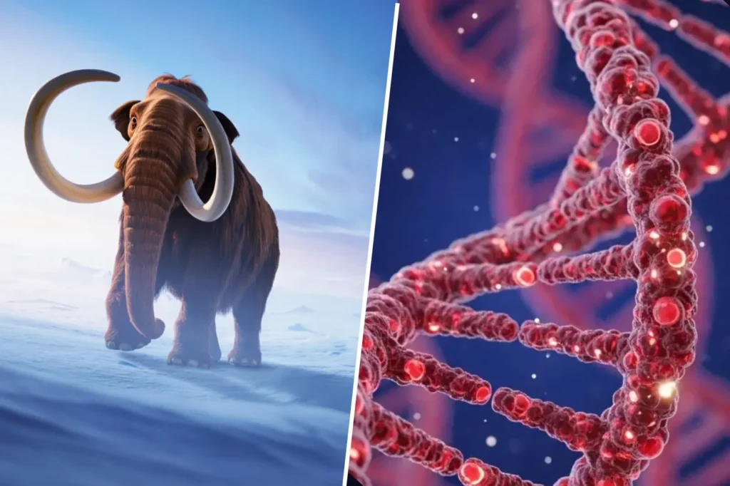 Montage montrant un mammouth laineux marchant dans la neige à gauche et une double hélice d’ADN en gros plan à droite.