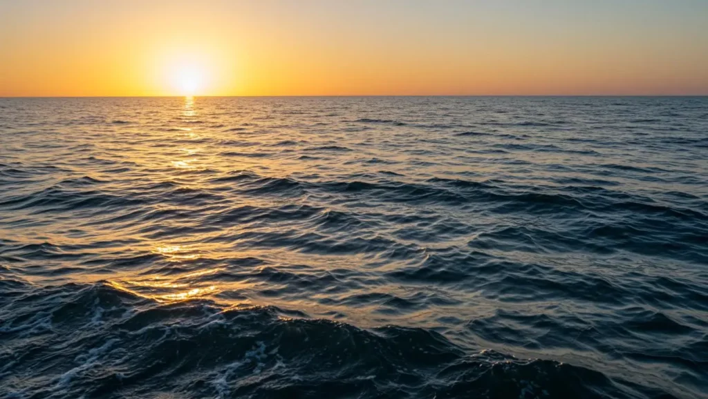 Coucher de soleil sur la mer avec vagues, illustrant l’élévation rapide du niveau des océans due au réchauffement climatique
