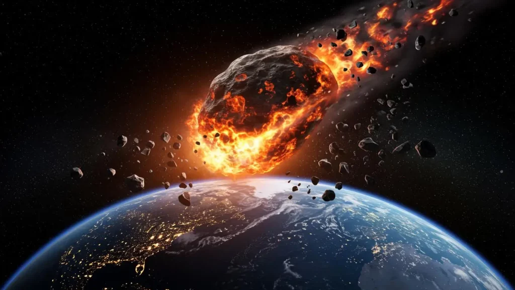 Astéroïde enflammé fonçant vers la Terre et la Lune dans l’espace, illustrant une menace potentielle de collision cosmique