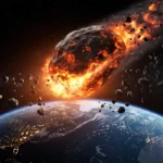 Astéroïde enflammé fonçant vers la Terre et la Lune dans l’espace, illustrant une menace potentielle de collision cosmique