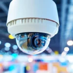 Caméra de surveillance moderne avec objectif en gros plan, illustrant l’intégration de l’intelligence artificielle.