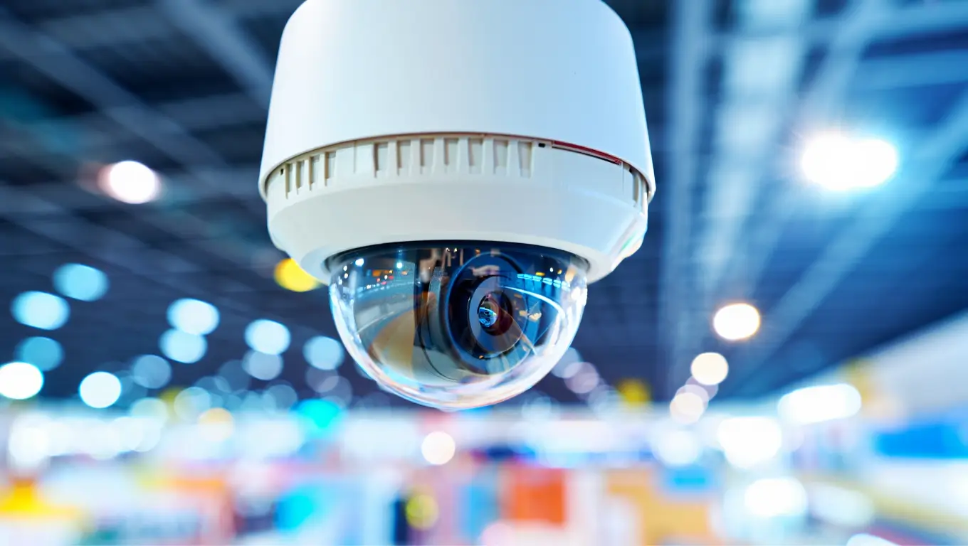 Caméra de surveillance moderne avec objectif en gros plan, illustrant l’intégration de l’intelligence artificielle.