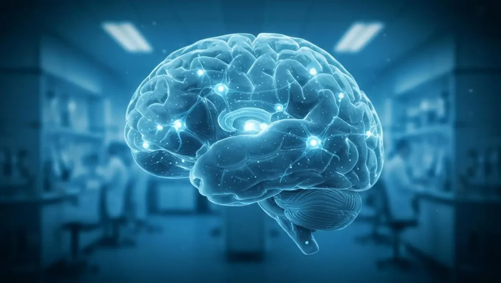 Illustration d’un cerveau humain avec des connexions neuronales lumineuses en laboratoire.