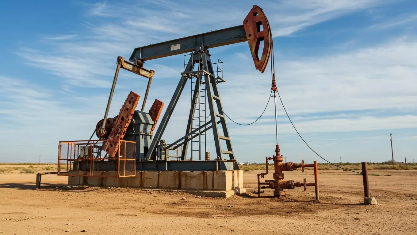 Une pompe à pétrole en activité dans un désert, symbole de la dépendance mondiale aux énergies fossiles.