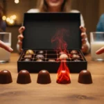 Jeu de Chocoroulette avec des chocolats, dont un enflammé au piment, entouré de joueurs rieurs.