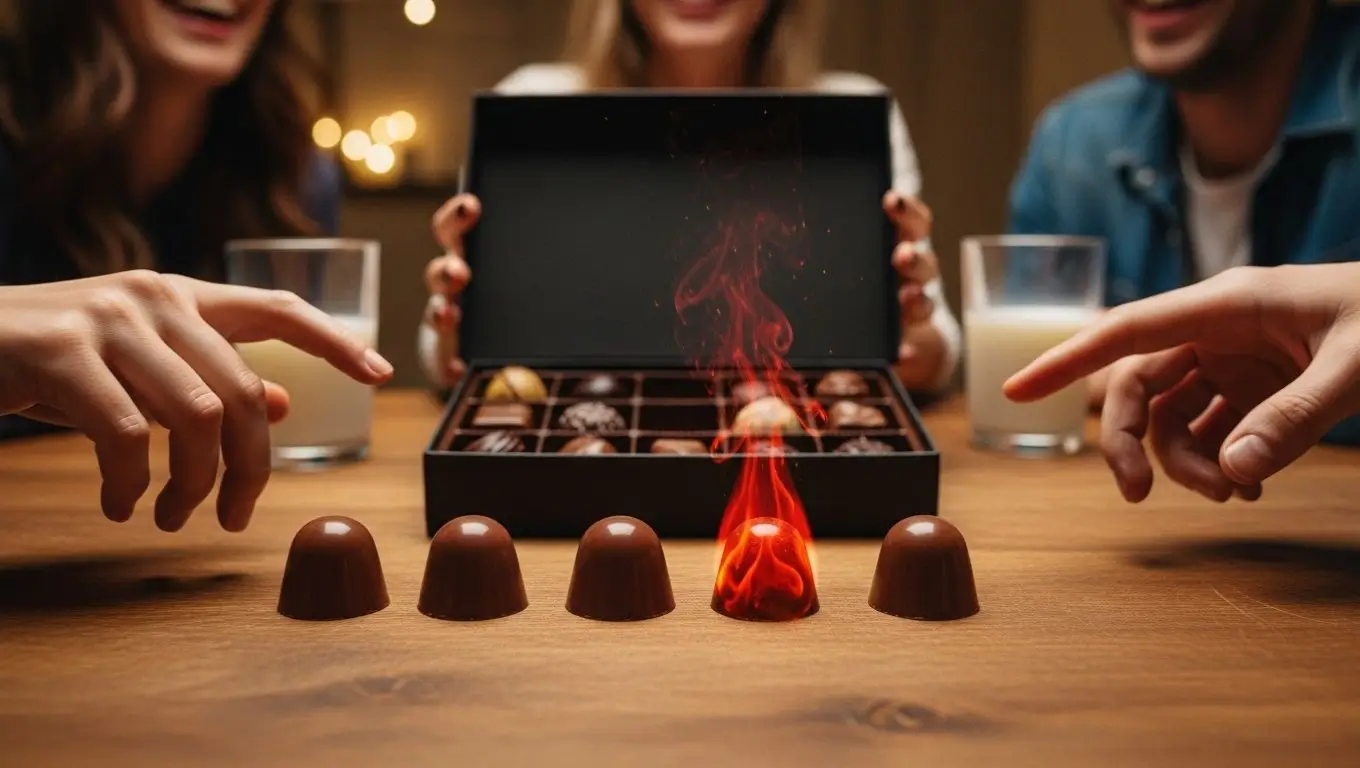 Jeu de Chocoroulette avec des chocolats, dont un enflammé au piment, entouré de joueurs rieurs.