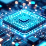 Illustration d’un processeur quantique brillant en bleu, symbole des avancées technologiques et du futur de l’informatique.