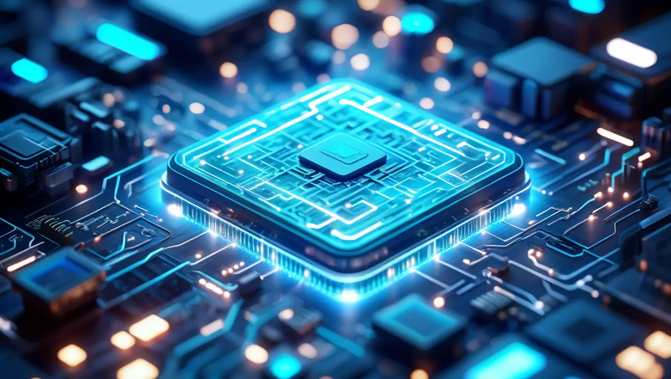 Illustration d’un processeur quantique brillant en bleu, symbole des avancées technologiques et du futur de l’informatique.