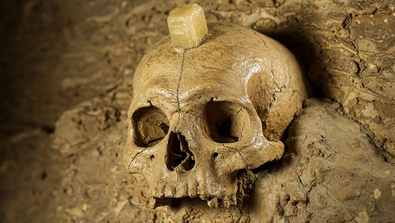 Crâne fossile humain vieux de 300 000 ans découvert dans une cavité rocheuse.