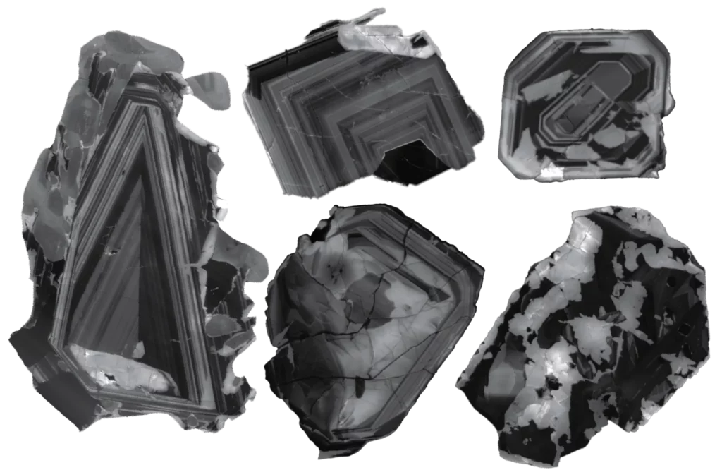 Cristaux de zircon microscopiques utilisés pour dater la formation des carbonatites grâce à leurs compositions isotopiques