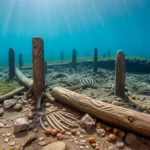 Vestiges archéologiques sous-marins montrant des poteaux de bois sculptés et des ossements conservés depuis 8 500 ans.