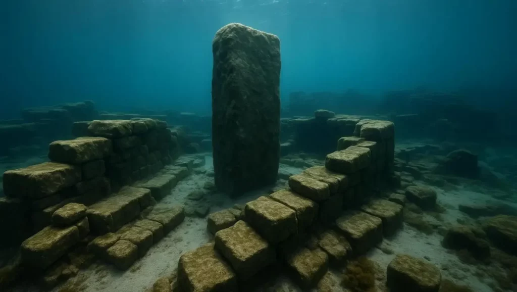 Vestiges en pierre immergés sous la mer, avec un imposant monolithe entouré de murs effondrés.