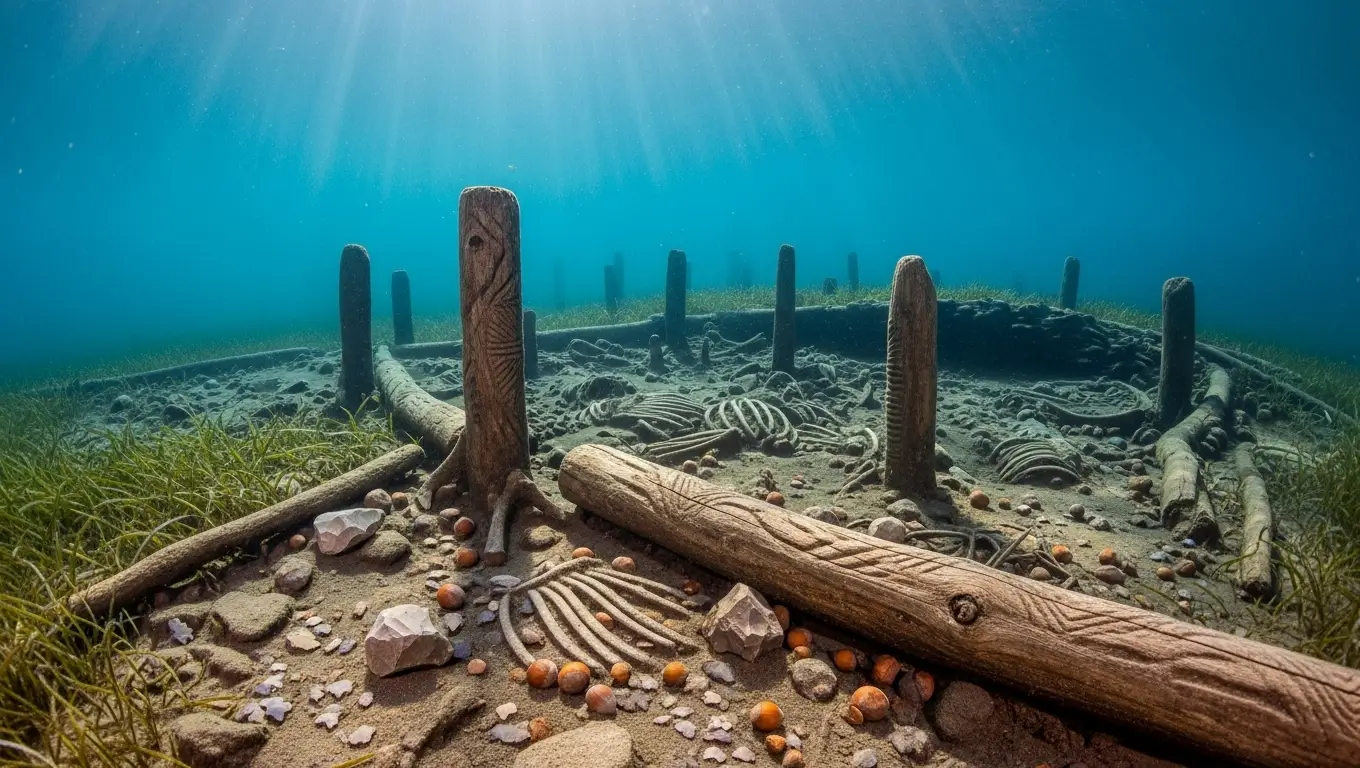 Vestiges archéologiques sous-marins montrant des poteaux de bois sculptés et des ossements conservés depuis 8 500 ans.