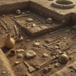 Fouilles archéologiques d’une tombe vieille de 4 000 ans avec squelettes humains et poteries retrouvés dans le sol.
