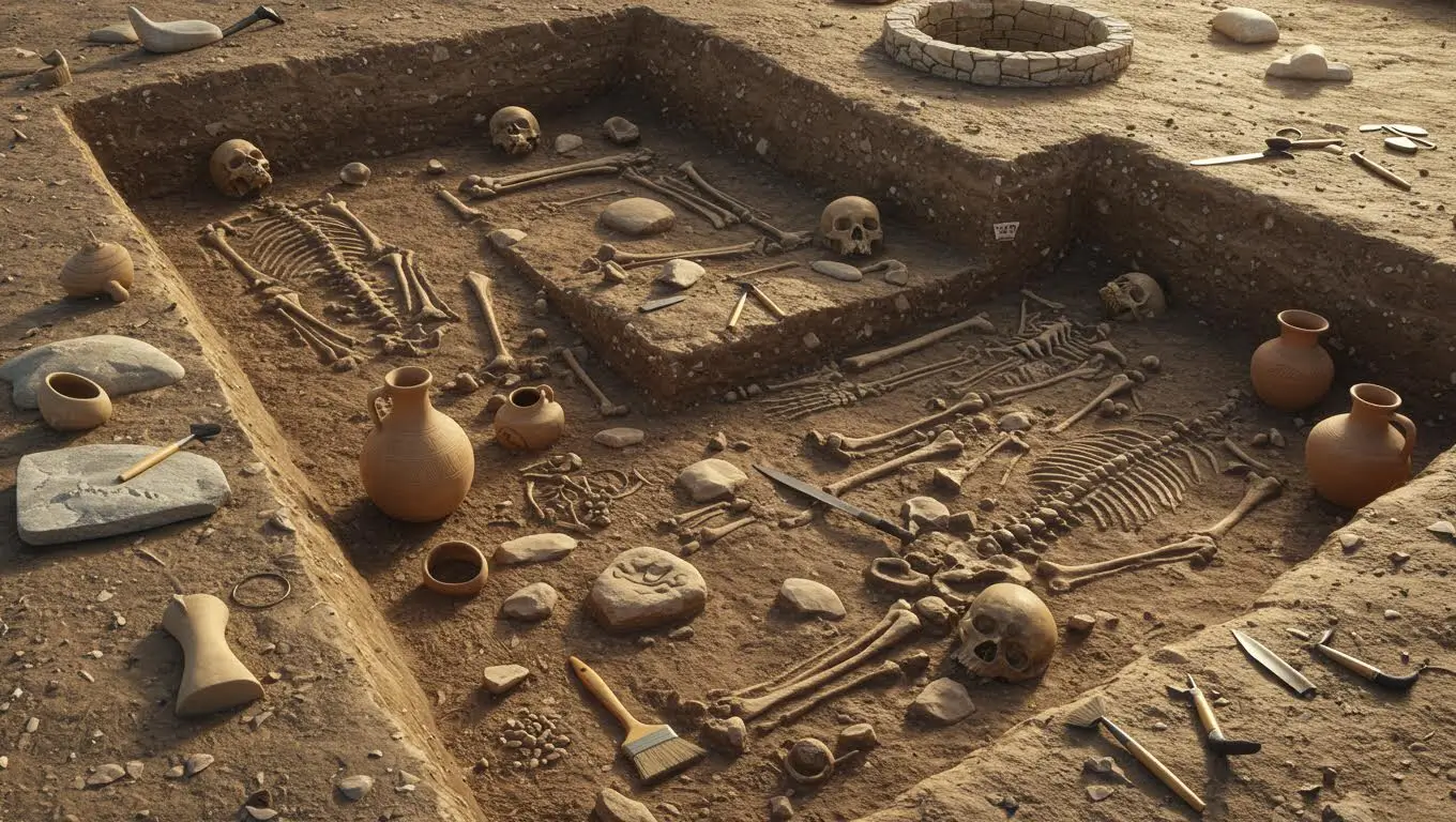 Fouilles archéologiques d’une tombe vieille de 4 000 ans avec squelettes humains et poteries retrouvés dans le sol.