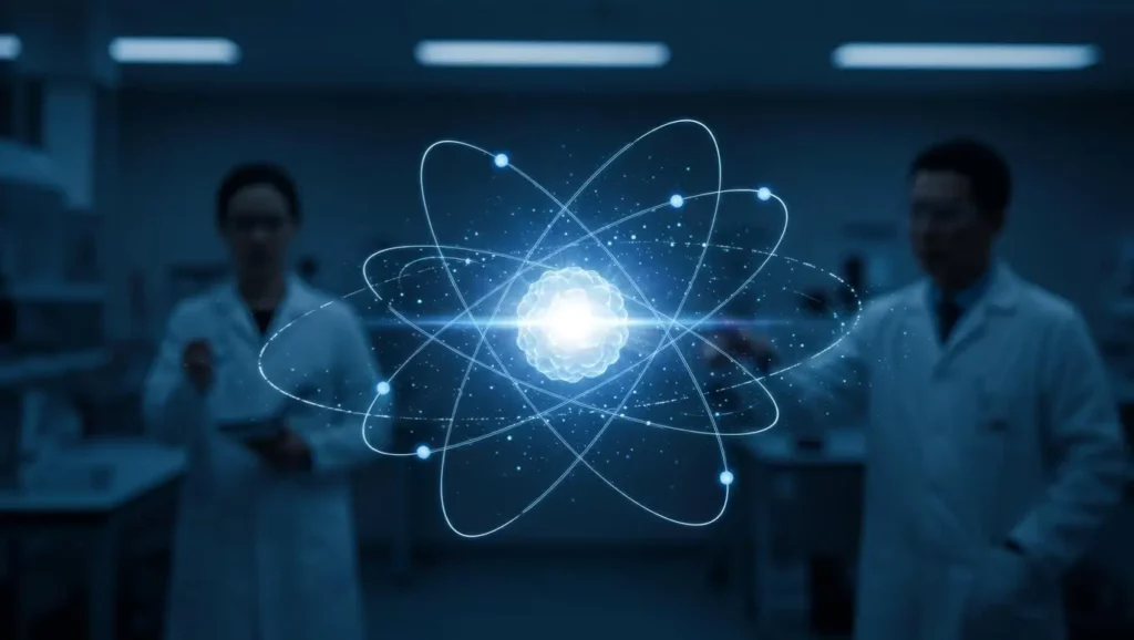 Représentation d’un atome lumineux entouré d’électrons, étudié par des chercheurs en laboratoire.