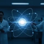 Représentation d’un atome lumineux entouré d’électrons, étudié par des chercheurs en laboratoire.