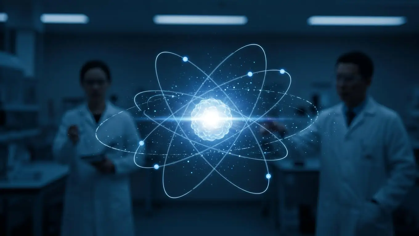 Représentation d’un atome lumineux entouré d’électrons, étudié par des chercheurs en laboratoire.