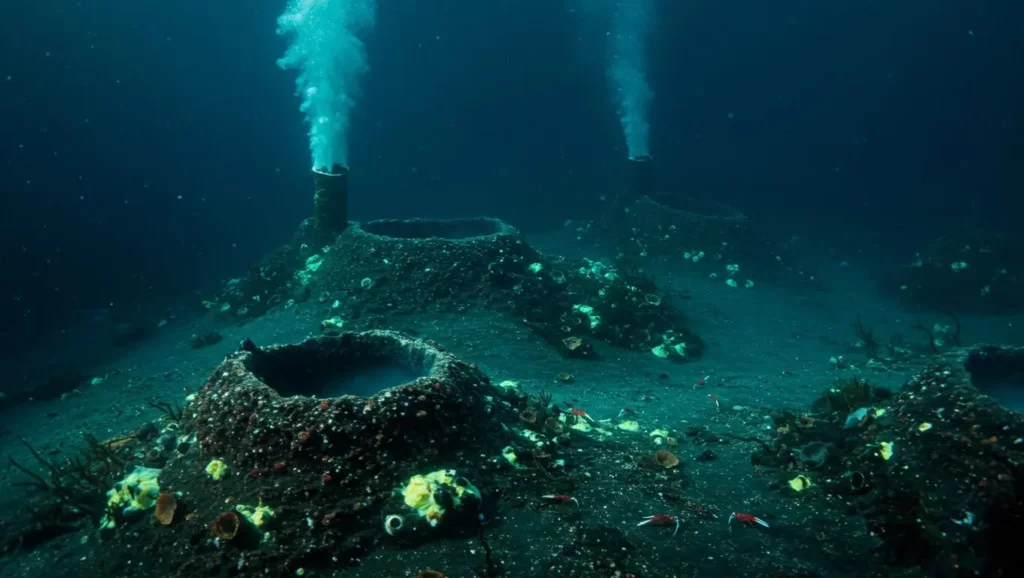 Cheminées hydrothermales sous-marines rejetant des panaches de fumée dans les profondeurs du Pacifique.