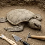 Fossile de tortue découvert dans le sol, entouré d’outils d’archéologues lors de fouilles.
