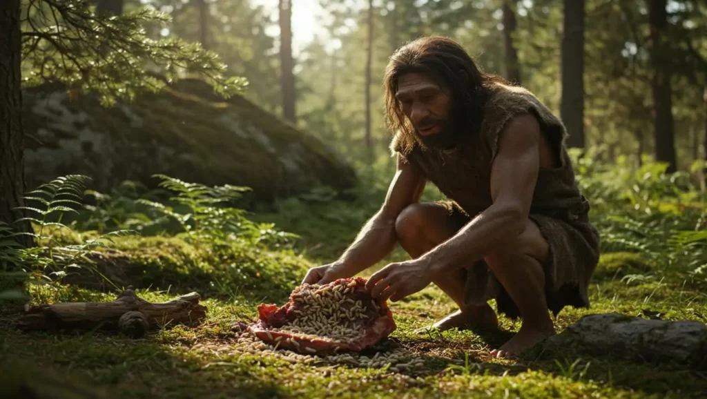 Reconstitution d’un Néandertalien préparant de la viande dans une forêt, illustrant son mode de vie et son régime alimentaire.