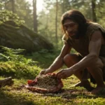 Reconstitution d’un Néandertalien préparant de la viande dans une forêt, illustrant son mode de vie et son régime alimentaire.