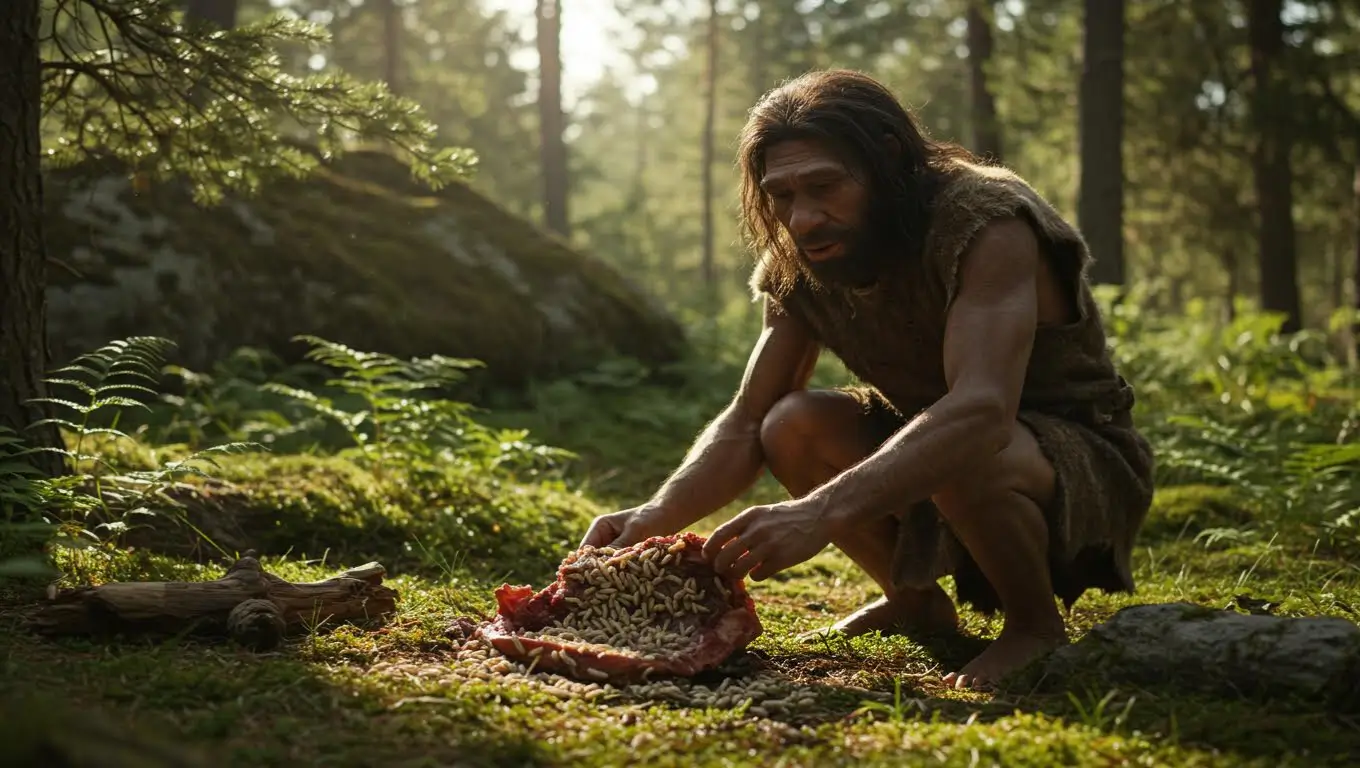 Reconstitution d’un Néandertalien préparant de la viande dans une forêt, illustrant son mode de vie et son régime alimentaire.