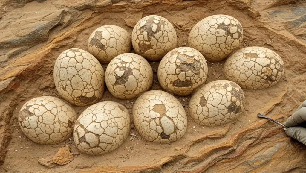 Nid d’œufs de dinosaures fossilisés découverts dans la roche, parfaitement conservés, datant de plusieurs dizaines de millions d’années.