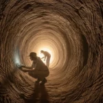 Archéologues explorant un immense tunnel souterrain ancien, éclairé par une lumière au fond.