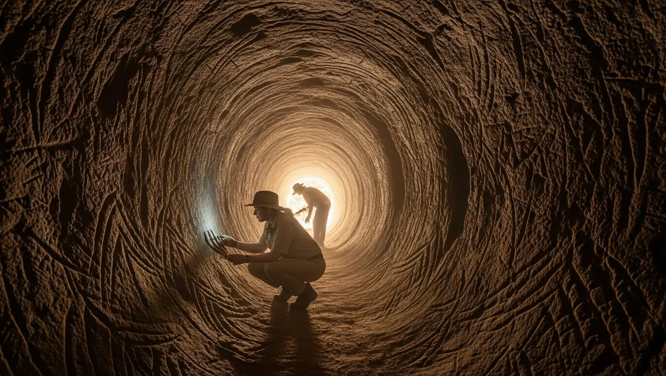 Archéologues explorant un immense tunnel souterrain ancien, éclairé par une lumière au fond.