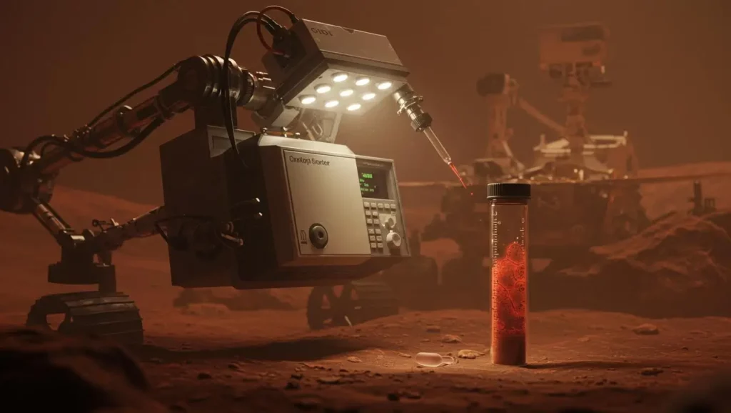 Bras robotisé d’un rover martien analysant un échantillon rouge contenant des molécules organiques.