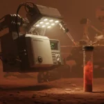 Bras robotisé d’un rover martien analysant un échantillon rouge contenant des molécules organiques.