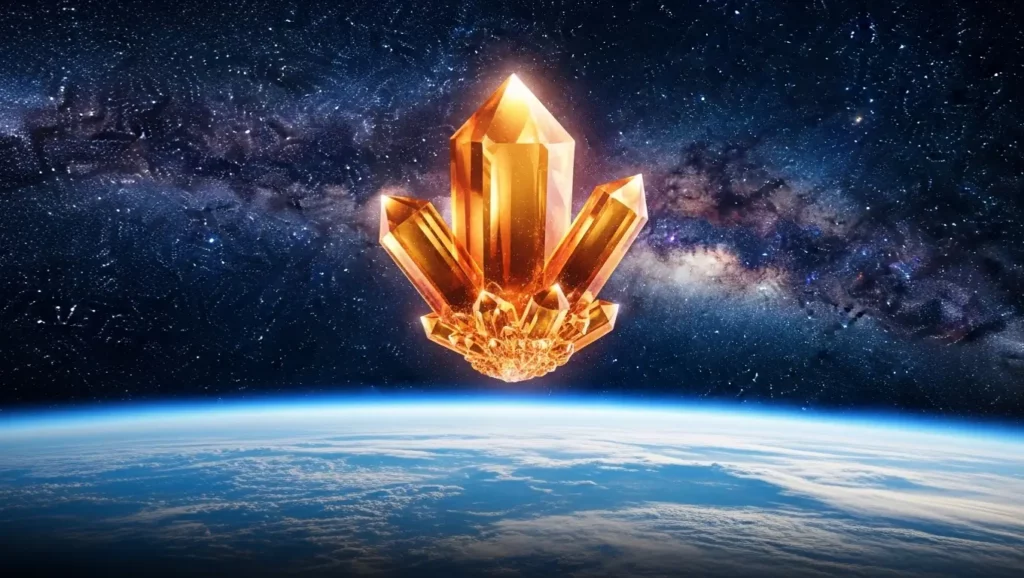 Cristal géant doré dans l’espace au-dessus de la Terre, métaphore du lien entre minéraux terrestres et mouvement galactique