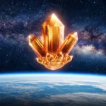 Cristal géant doré dans l’espace au-dessus de la Terre, métaphore du lien entre minéraux terrestres et mouvement galactique