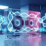 Cassette audio numérique futuriste avec double hélice d’ADN, symbole du stockage de données biologiques