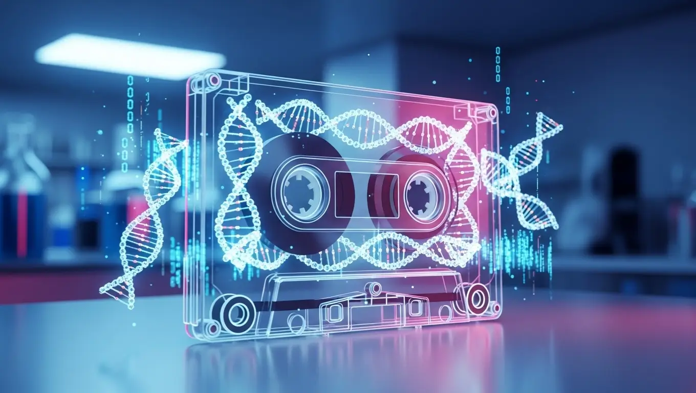 Cassette audio numérique futuriste avec double hélice d’ADN, symbole du stockage de données biologiques