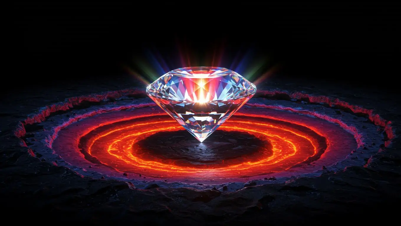 Diamant lumineux sur un sol volcanique incandescents, représentant la découverte de métaux rares dans les profondeurs de la Terre