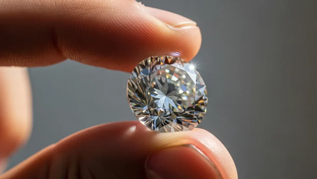 Un diamant brillant tenu entre deux doigts, symbole de luxe et de rareté.