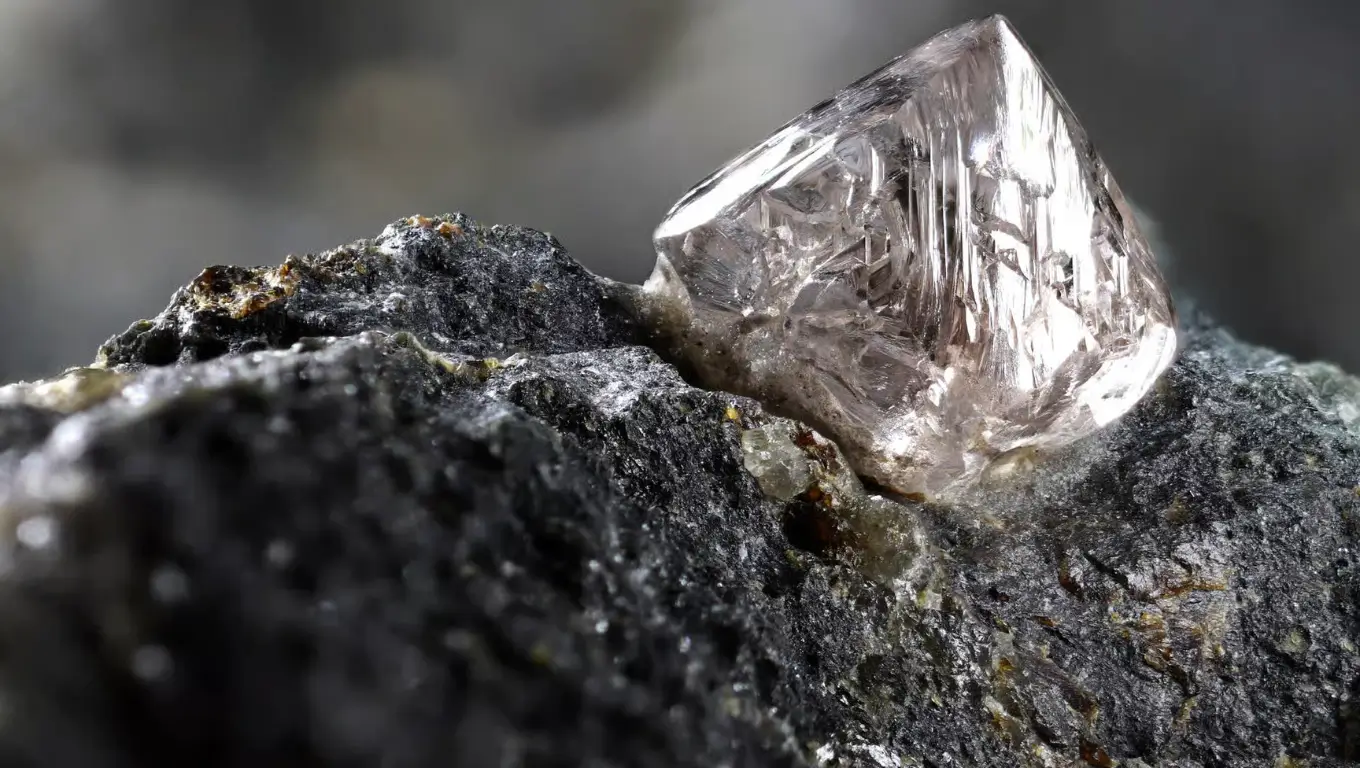 Un diamant brut encore incrusté dans la roche, tel qu’il apparaît dans la nature.